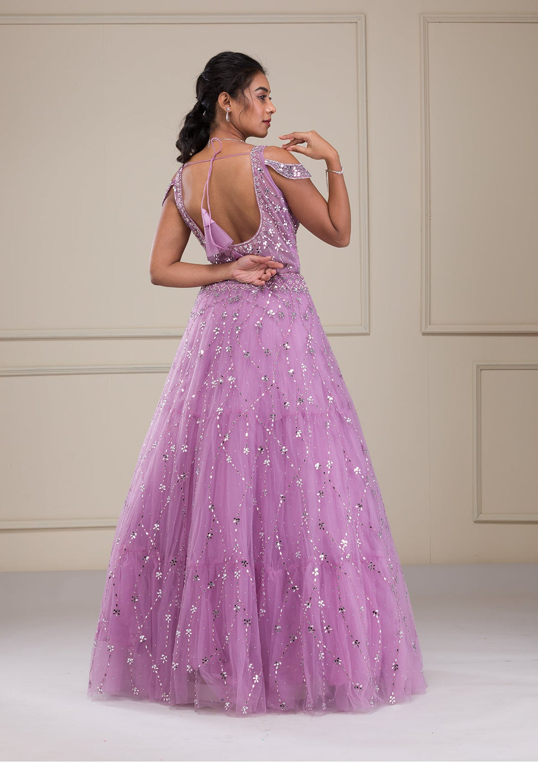 Buy Lavender Mirrorwork Net Gown Koskii