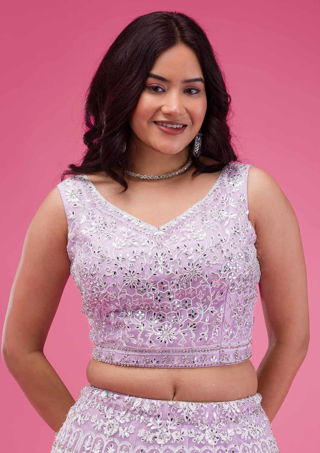 Lavender Mirrorwork Net Readymade Lehenga-Koskii
