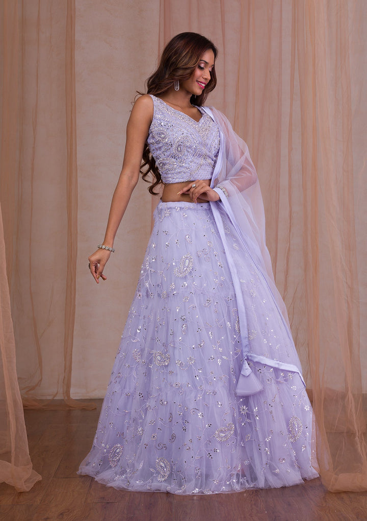 Lavender Mirrorwork Net Readymade Lehenga-Koskii