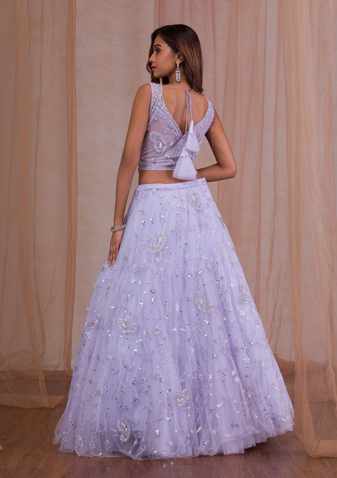 Lavender Mirrorwork Net Readymade Lehenga-Koskii