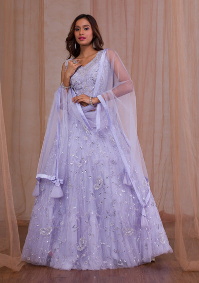 Lavender Mirrorwork Net Readymade Lehenga-Koskii