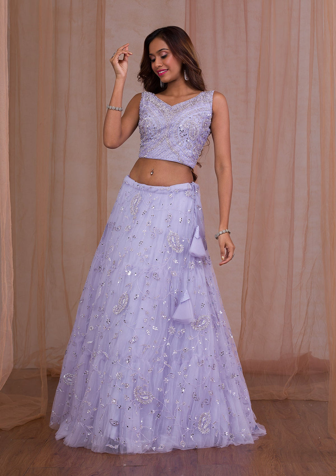 Lavender Mirrorwork Net Readymade Lehenga-Koskii
