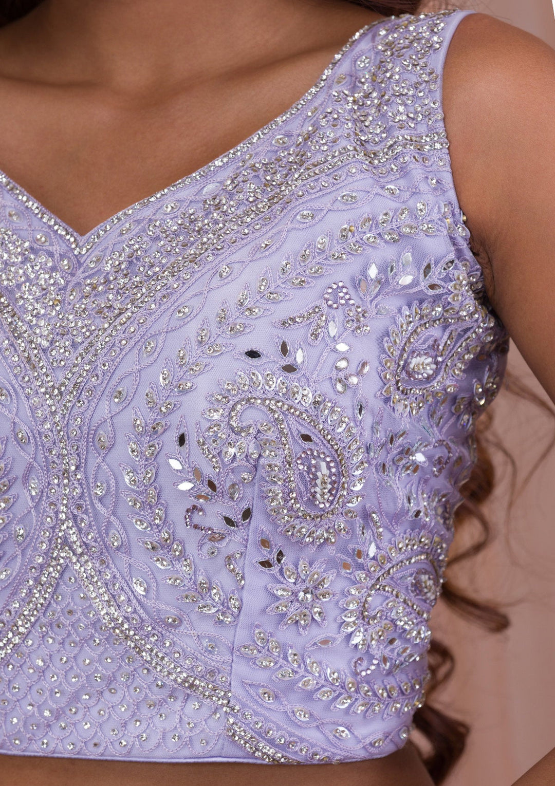 Lavender Mirrorwork Net Readymade Lehenga-Koskii
