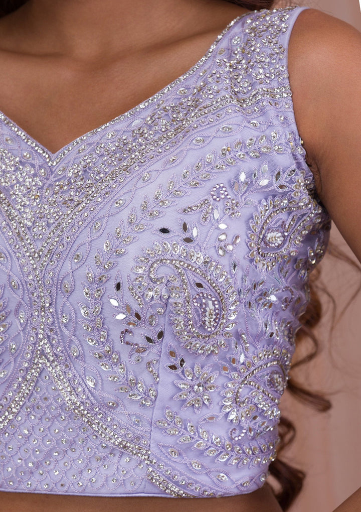 Lavender Mirrorwork Net Readymade Lehenga-Koskii