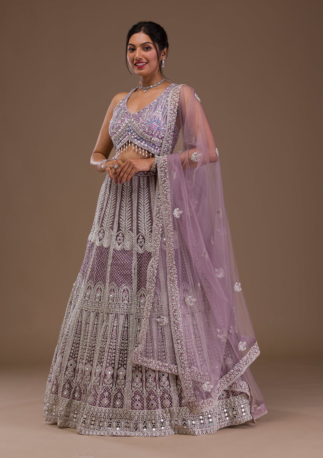 Lavender Mirrorwork Net Readymade Lehenga-Koskii