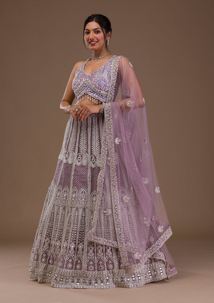 Lavender Mirrorwork Net Readymade Lehenga-Koskii