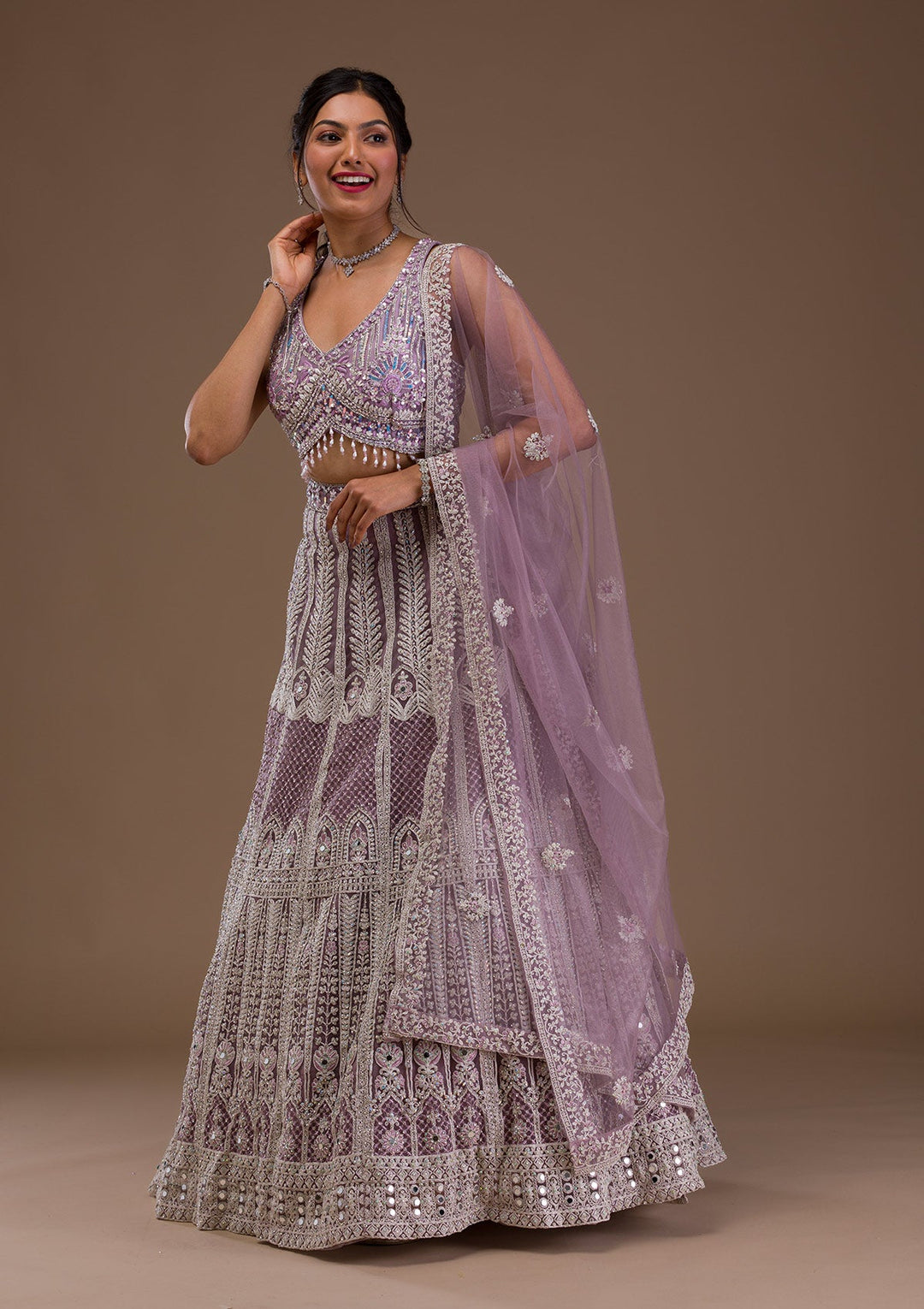 Lavender Mirrorwork Net Readymade Lehenga-Koskii
