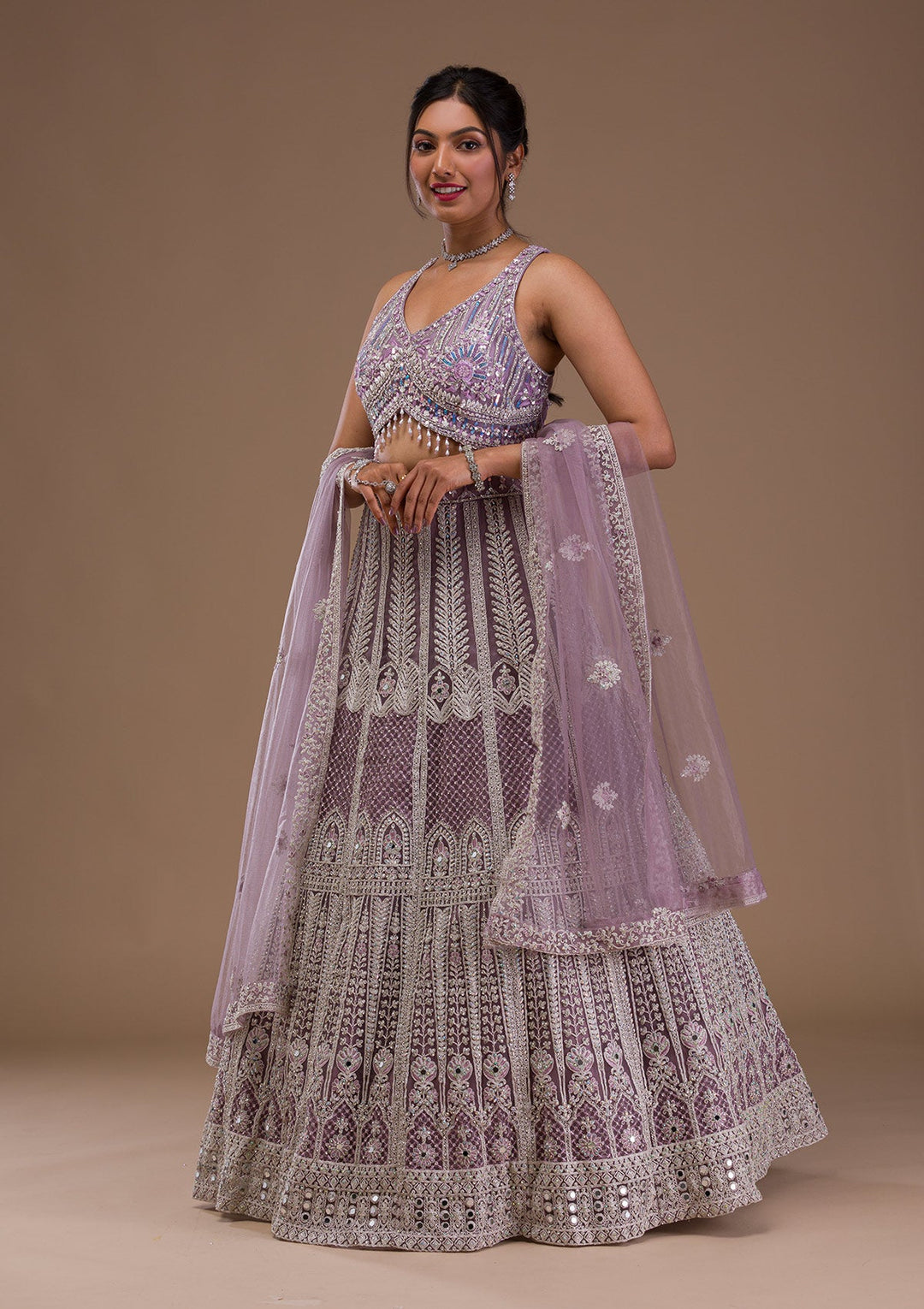 Lavender Mirrorwork Net Readymade Lehenga-Koskii