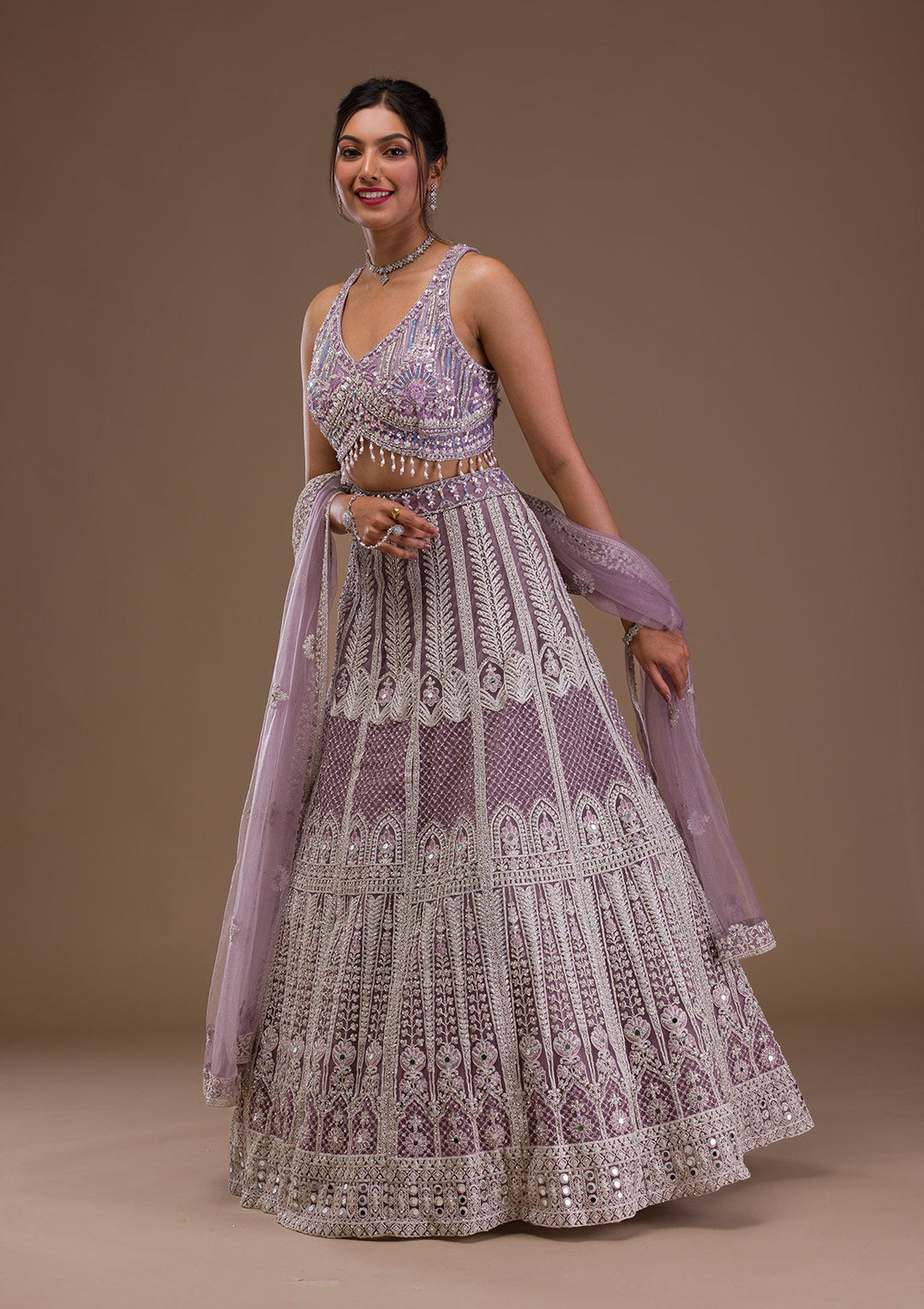 Lavender Mirrorwork Net Readymade Lehenga-Koskii