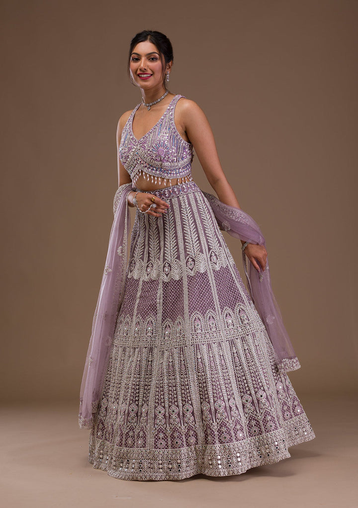 Lavender Mirrorwork Net Readymade Lehenga-Koskii