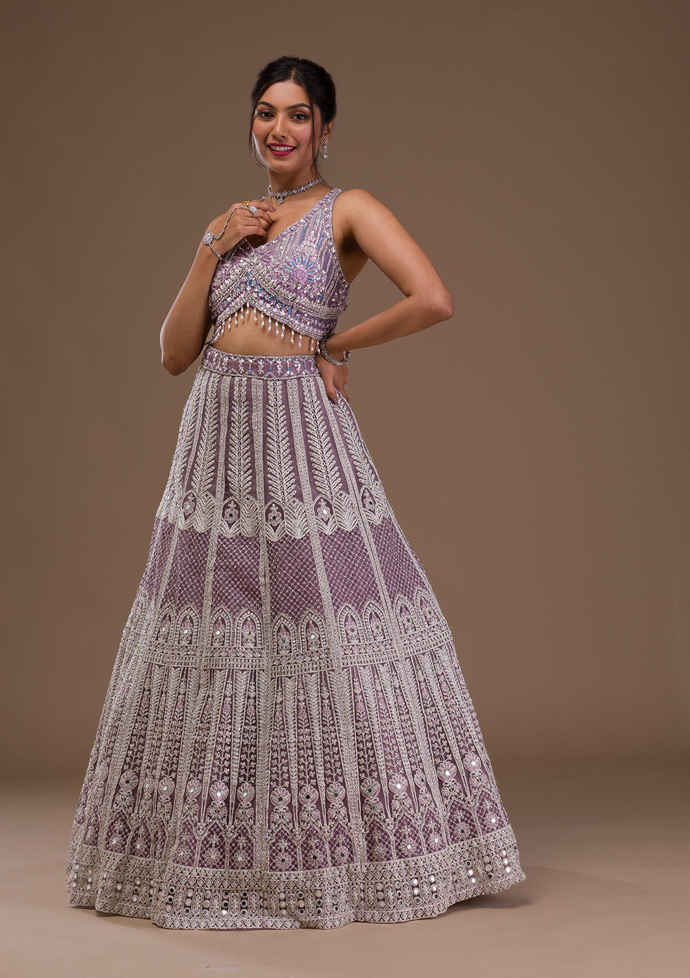 Lavender Mirrorwork Net Readymade Lehenga-Koskii