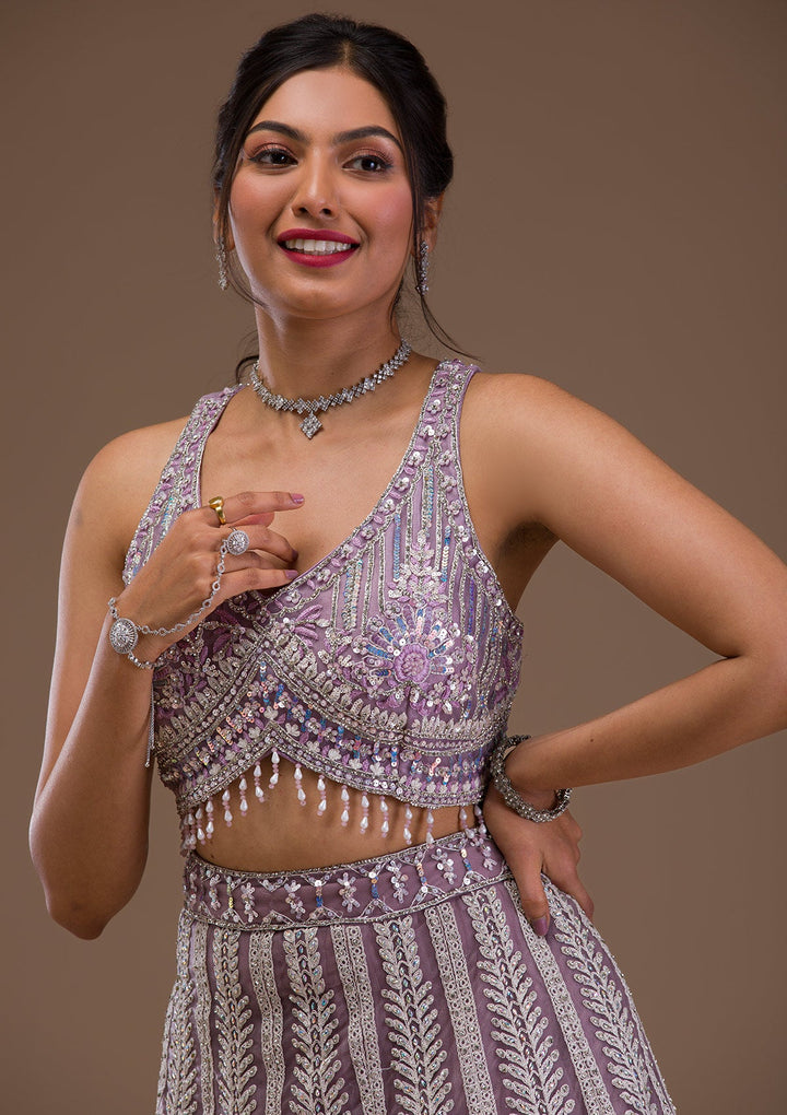 Lavender Mirrorwork Net Readymade Lehenga-Koskii