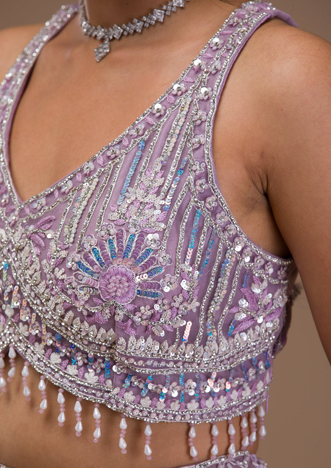Lavender Mirrorwork Net Readymade Lehenga-Koskii