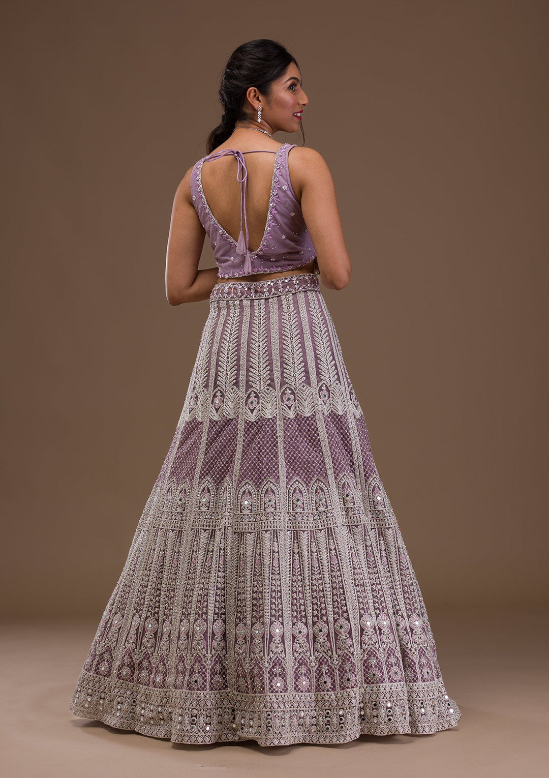 Lavender Mirrorwork Net Readymade Lehenga-Koskii