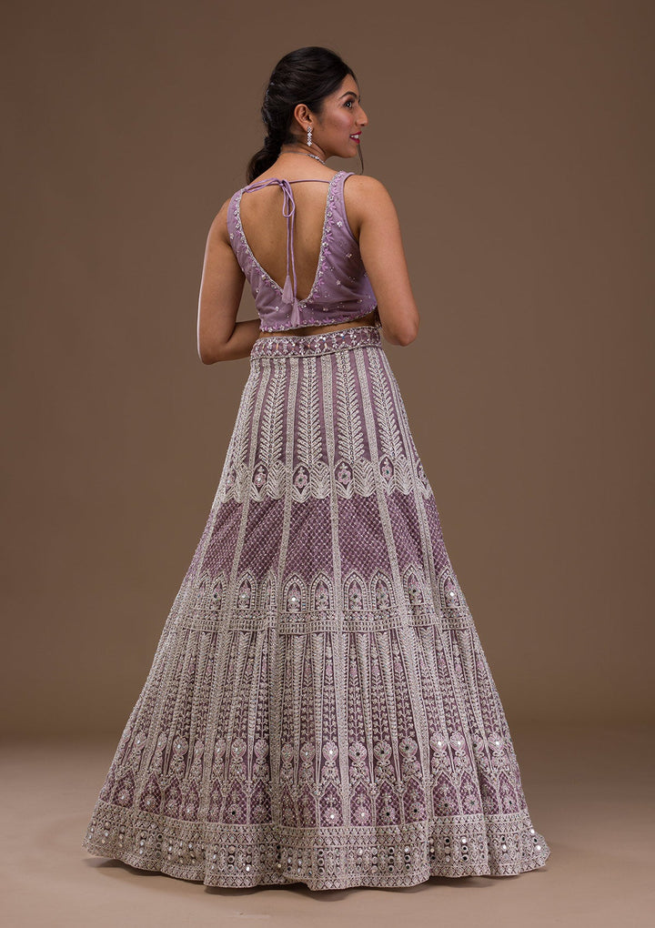 Lavender Mirrorwork Net Readymade Lehenga-Koskii
