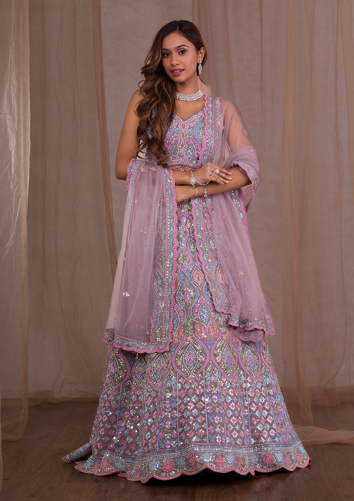 Lavender Mirrorwork Net Readymade Lehenga-Koskii