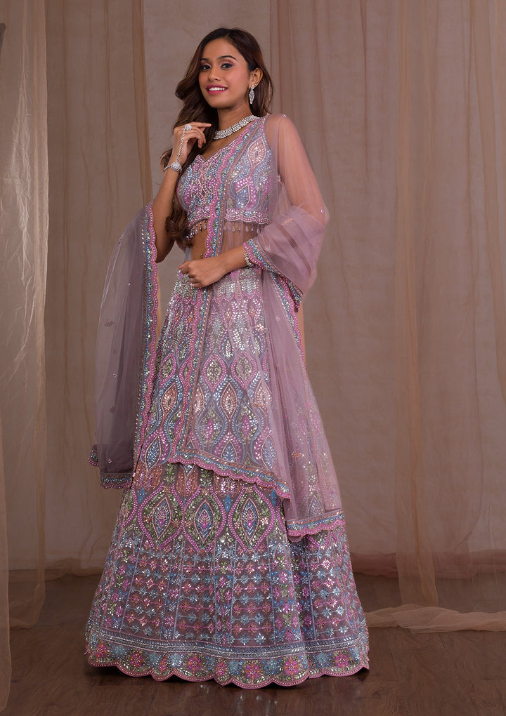 Lavender Mirrorwork Net Readymade Lehenga-Koskii