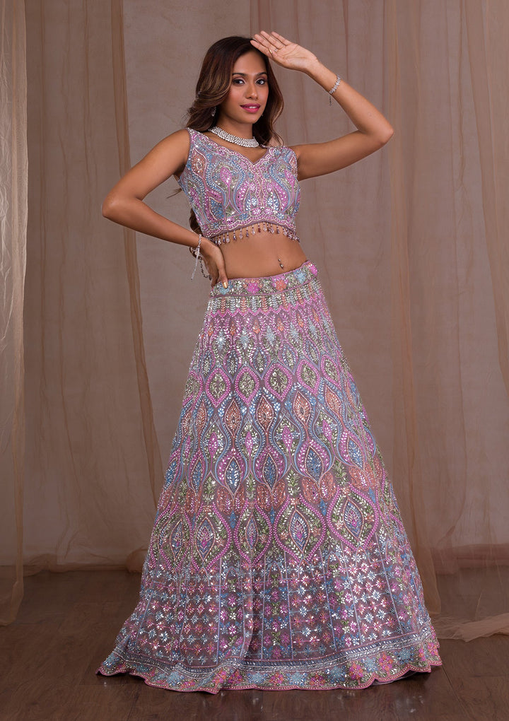 Lavender Mirrorwork Net Readymade Lehenga-Koskii