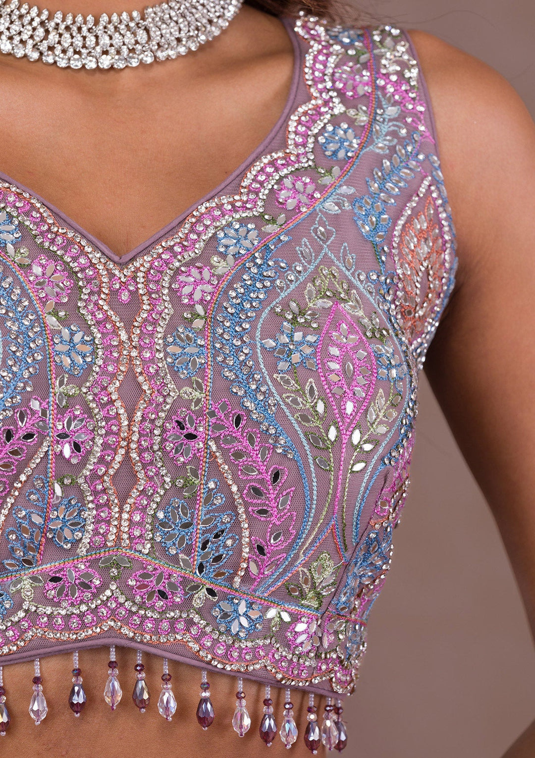 Lavender Mirrorwork Net Readymade Lehenga-Koskii
