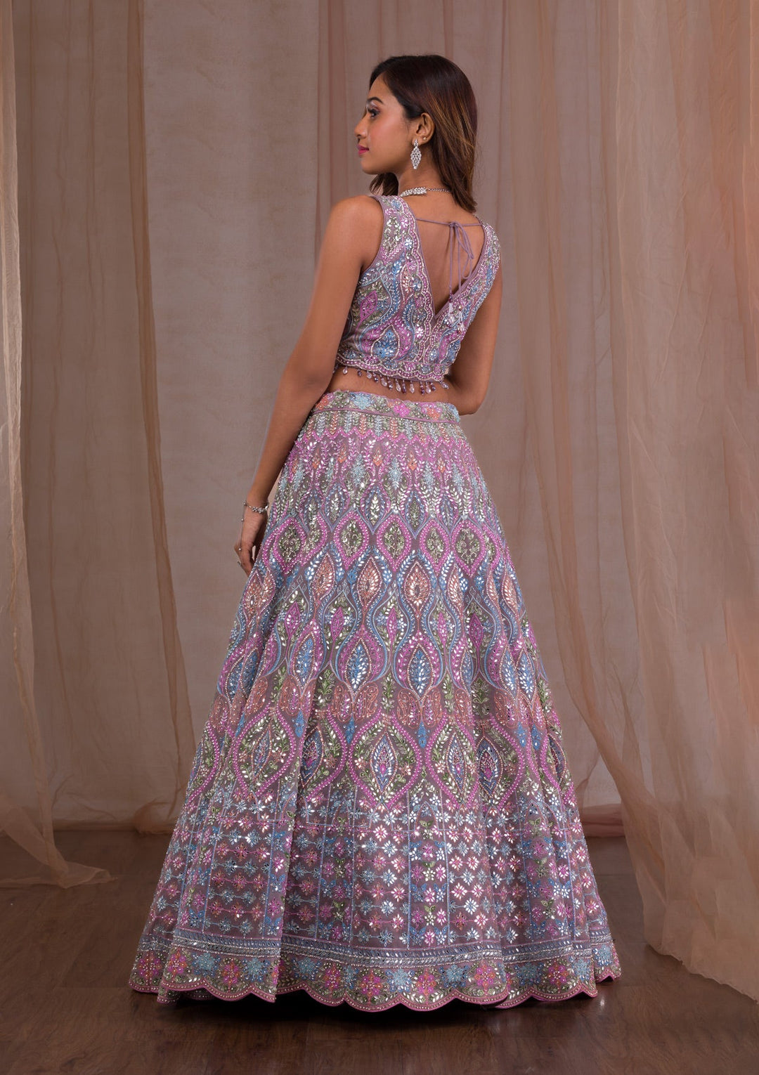 Lavender Mirrorwork Net Readymade Lehenga-Koskii