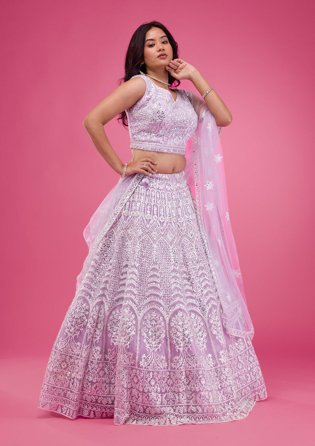 Lavender Mirrorwork Net Readymade Lehenga-Koskii