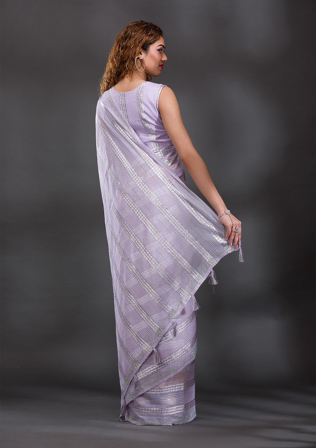 Lavender Mirrorwork Shimmer Georgette Saree-Koskii