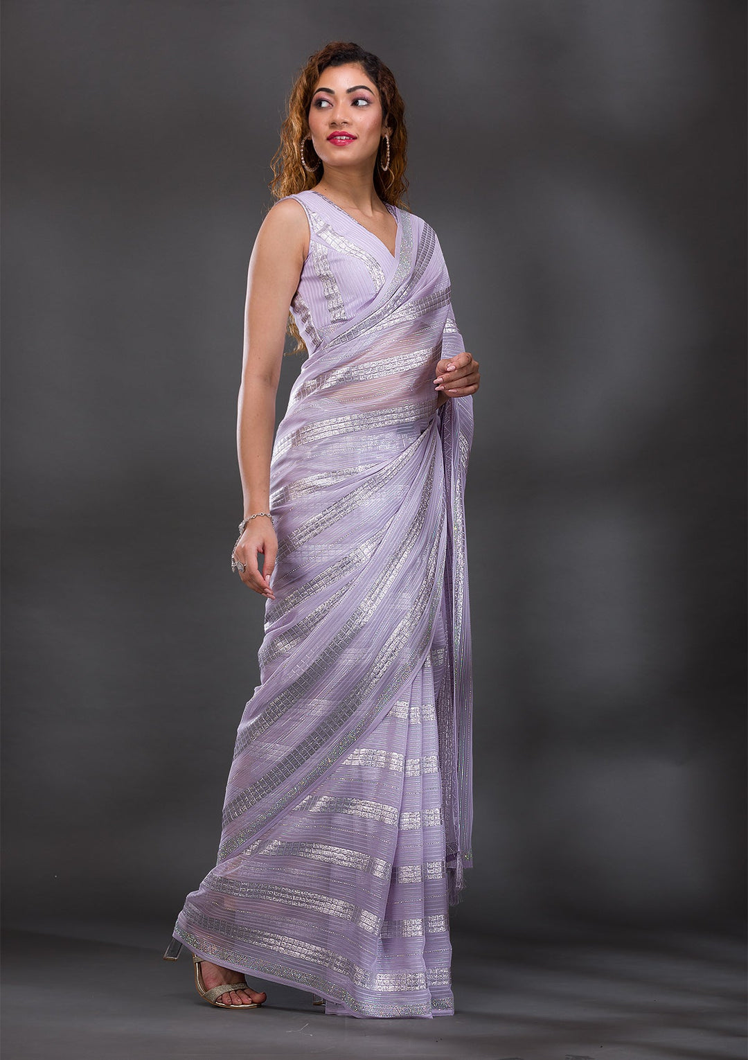 Lavender Mirrorwork Shimmer Georgette Saree-Koskii