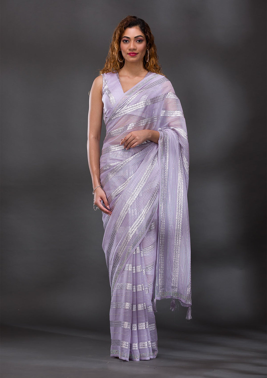 Lavender Mirrorwork Shimmer Georgette Saree-Koskii