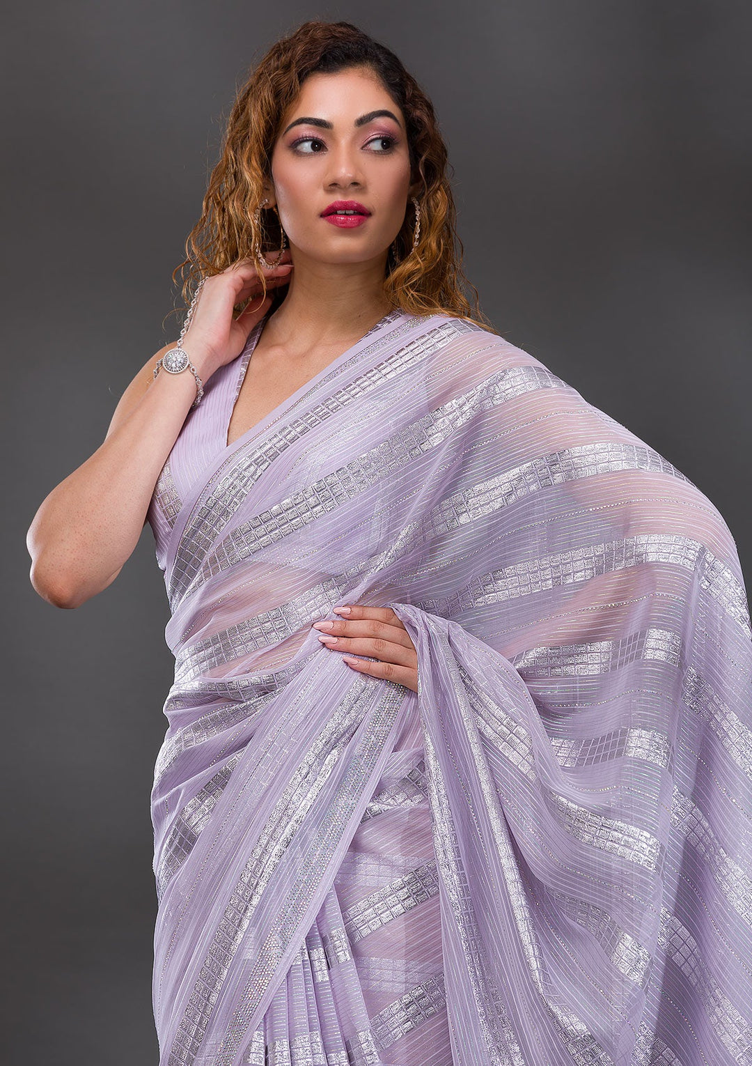 Lavender Mirrorwork Shimmer Georgette Saree-Koskii