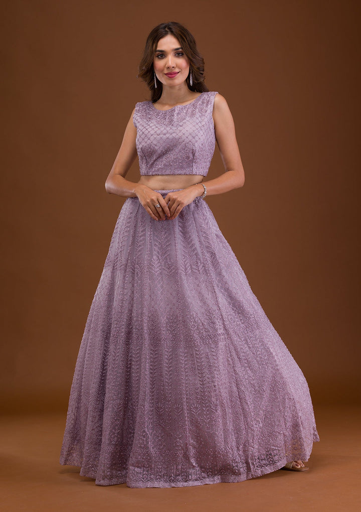 Lavender Pearlwork Net Readymade Lehenga-Koskii