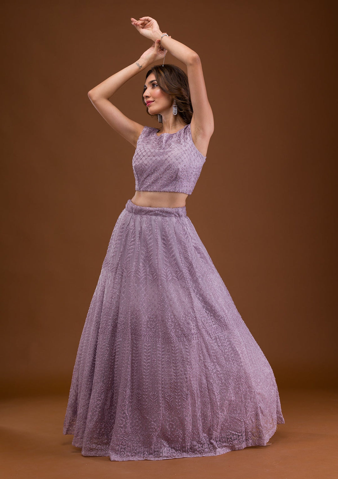 Lavender Pearlwork Net Readymade Lehenga-Koskii