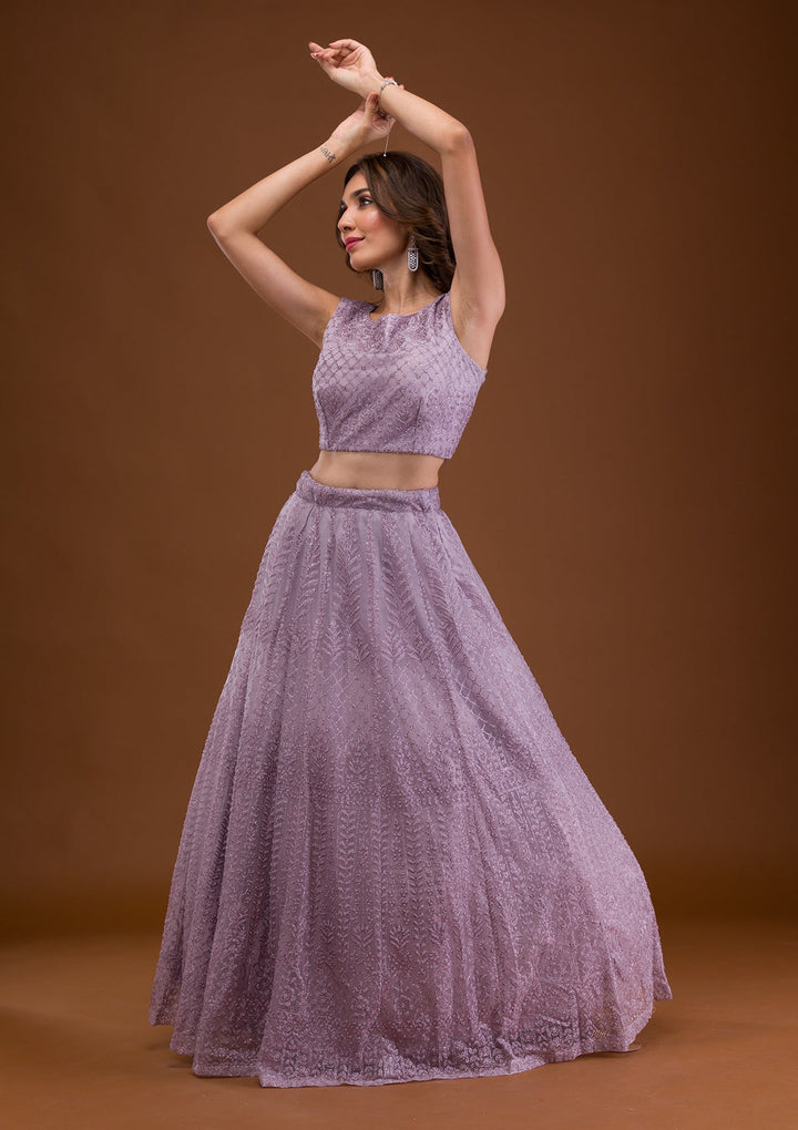Lavender Pearlwork Net Readymade Lehenga-Koskii
