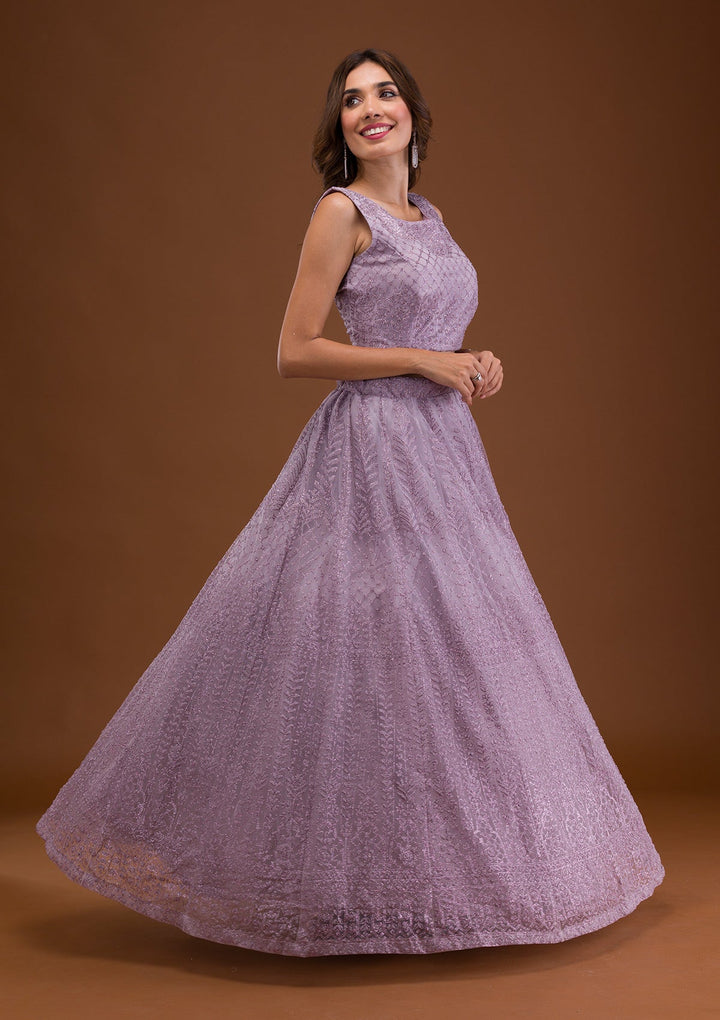 Lavender Pearlwork Net Readymade Lehenga-Koskii