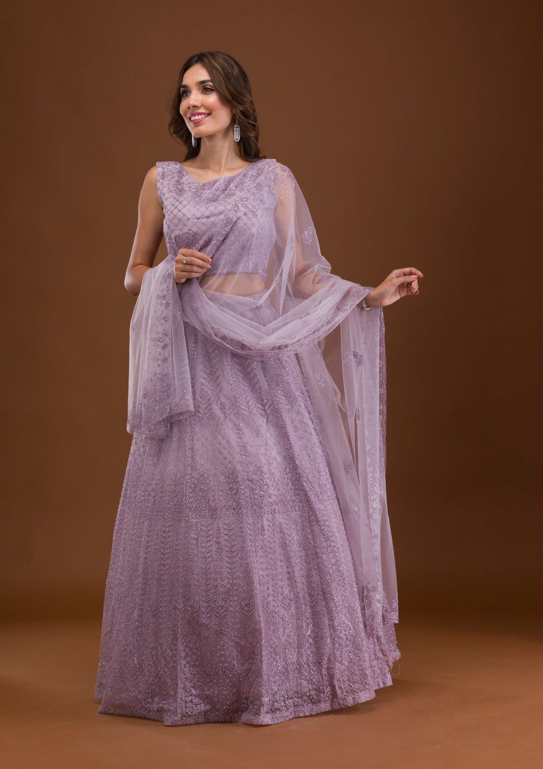 Lavender Pearlwork Net Readymade Lehenga-Koskii