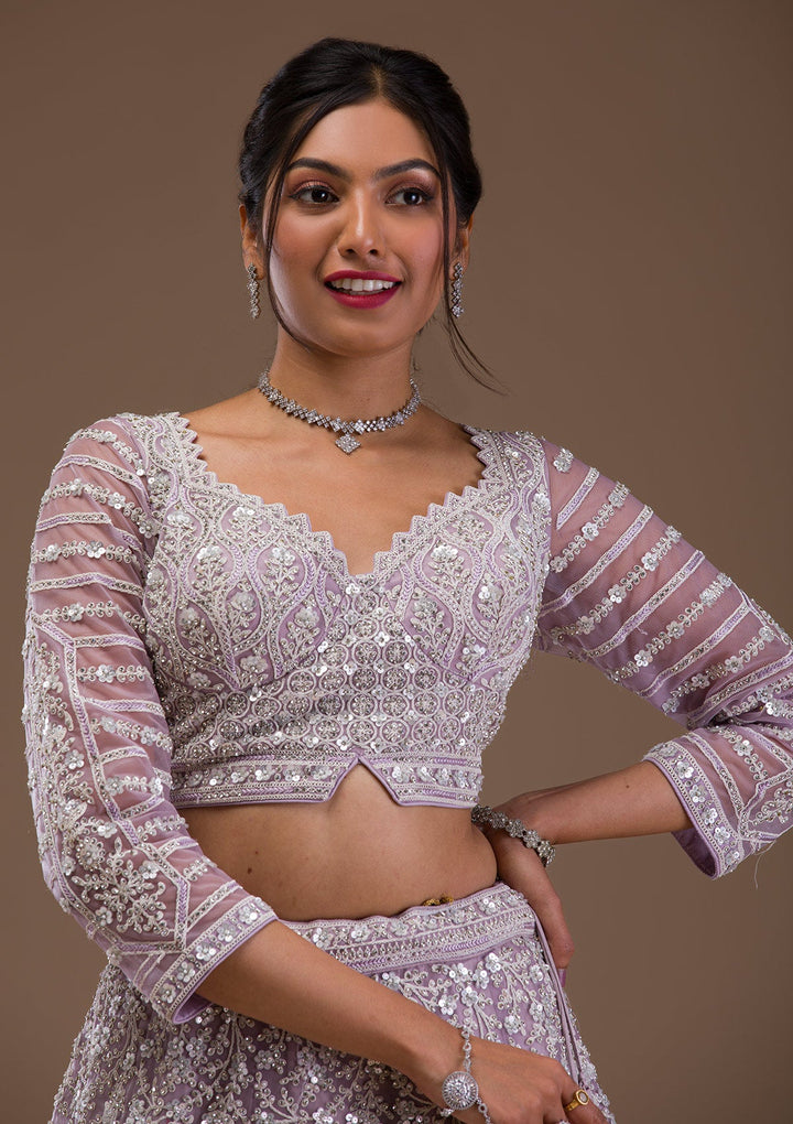Lavender Pearlwork Net Readymade Lehenga-Koskii