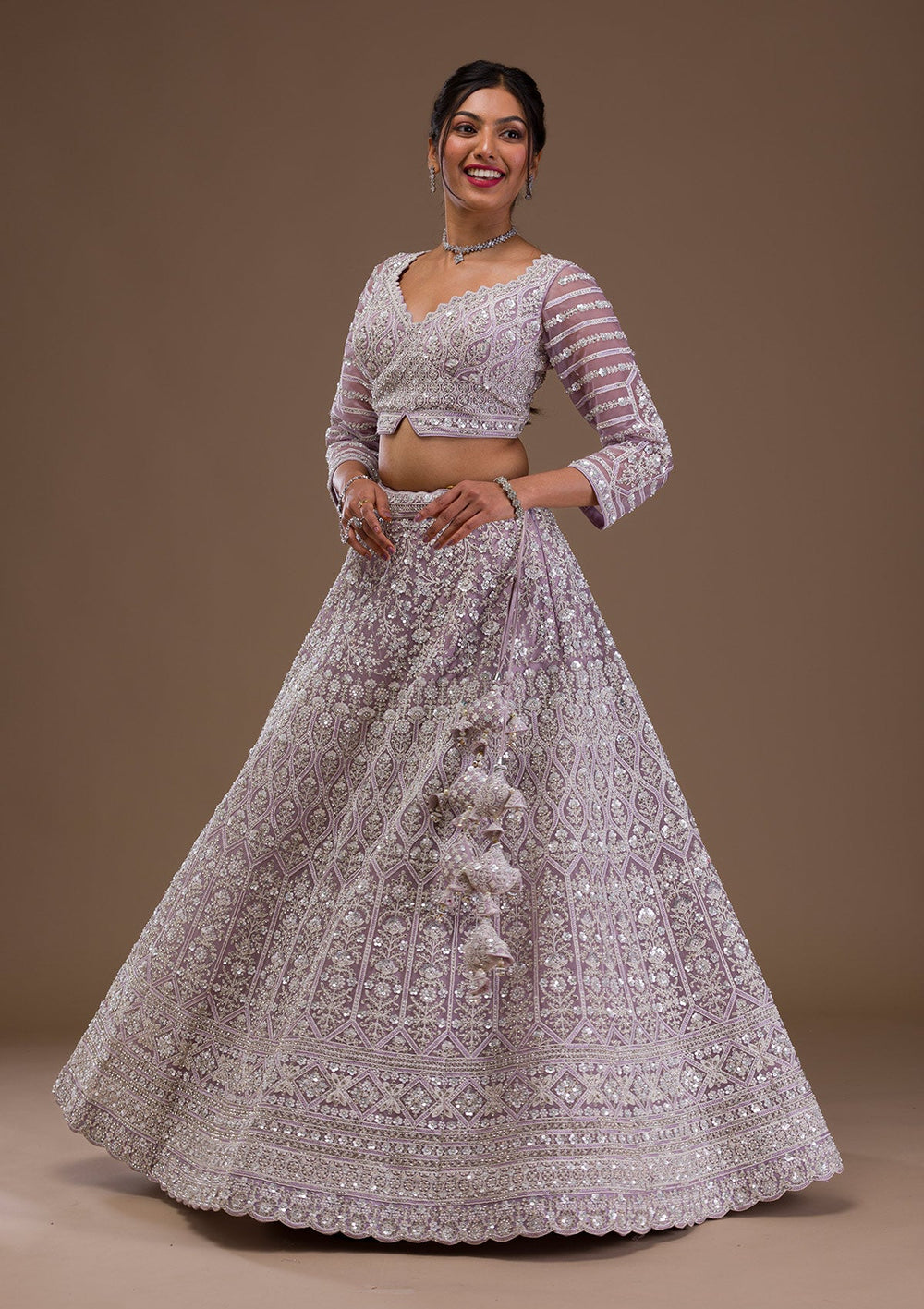 Lavender Pearlwork Net Readymade Lehenga-Koskii