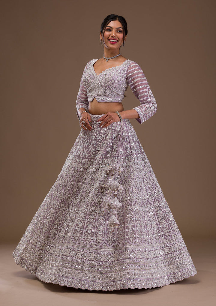 Lavender Pearlwork Net Readymade Lehenga-Koskii