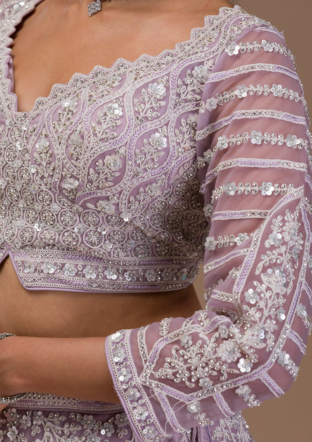 Lavender Pearlwork Net Readymade Lehenga-Koskii