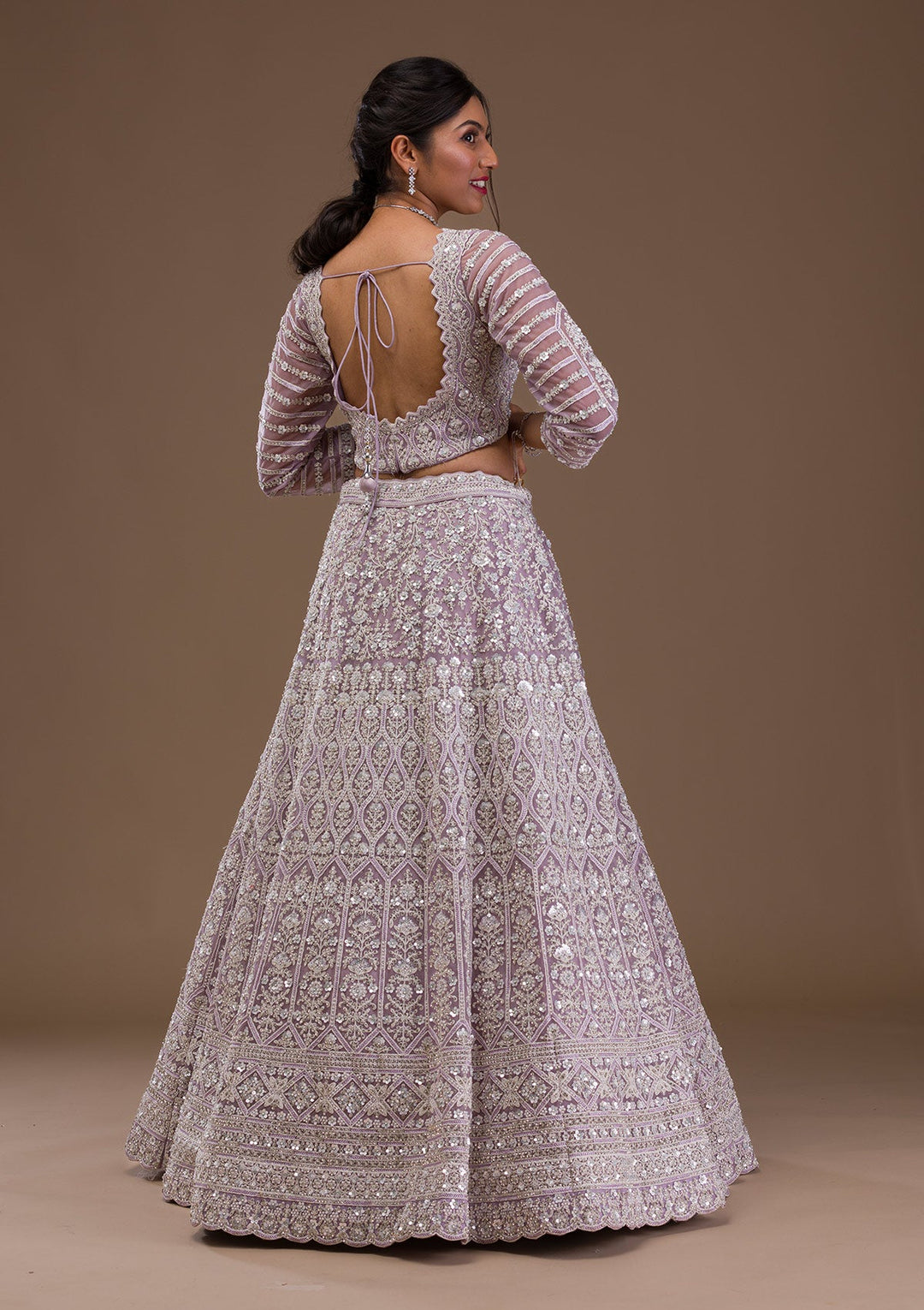Lavender Pearlwork Net Readymade Lehenga-Koskii