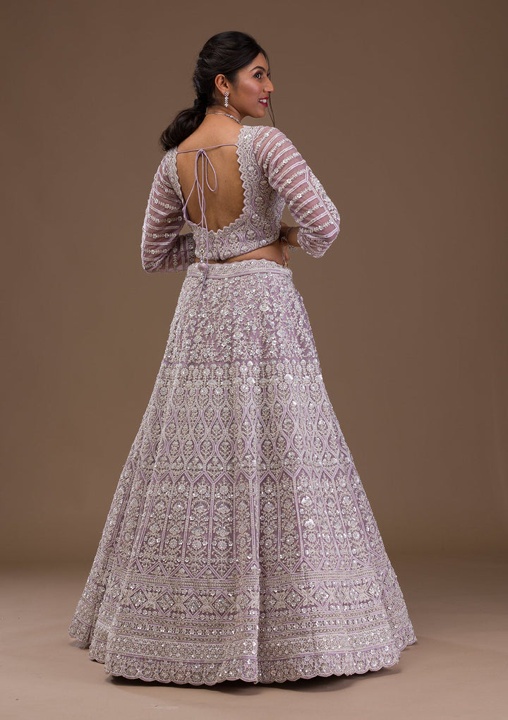 Lavender Pearlwork Net Readymade Lehenga-Koskii
