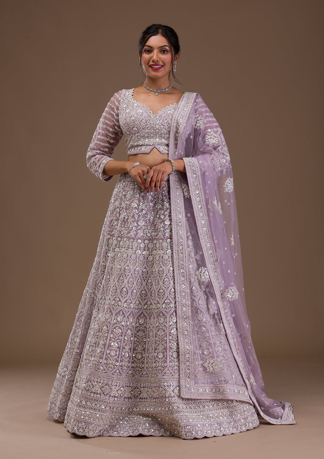 Lavender Pearlwork Net Readymade Lehenga-Koskii