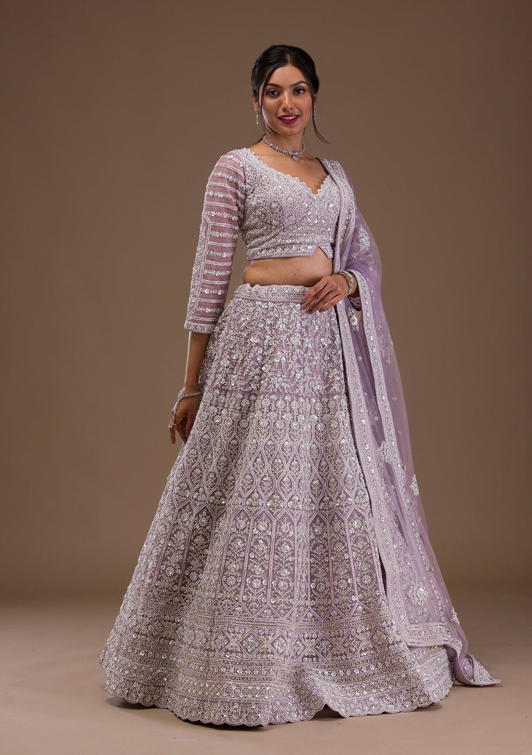 Lavender Pearlwork Net Readymade Lehenga-Koskii
