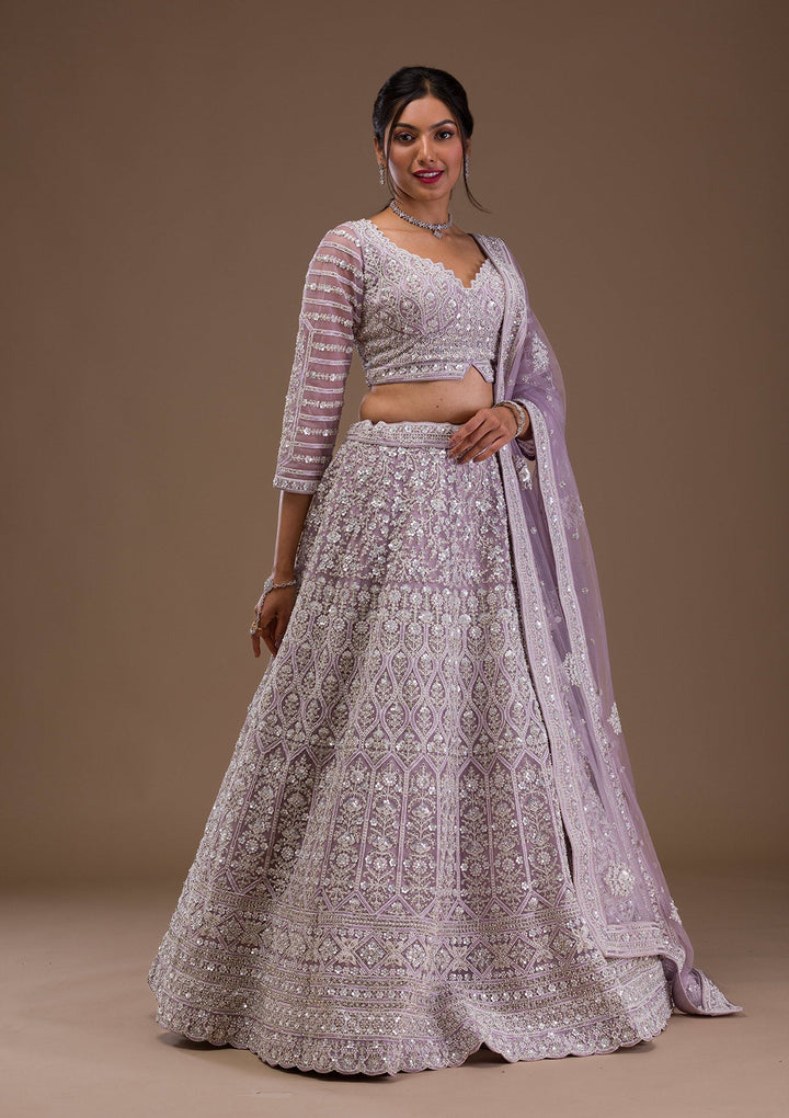 Lavender Pearlwork Net Readymade Lehenga-Koskii