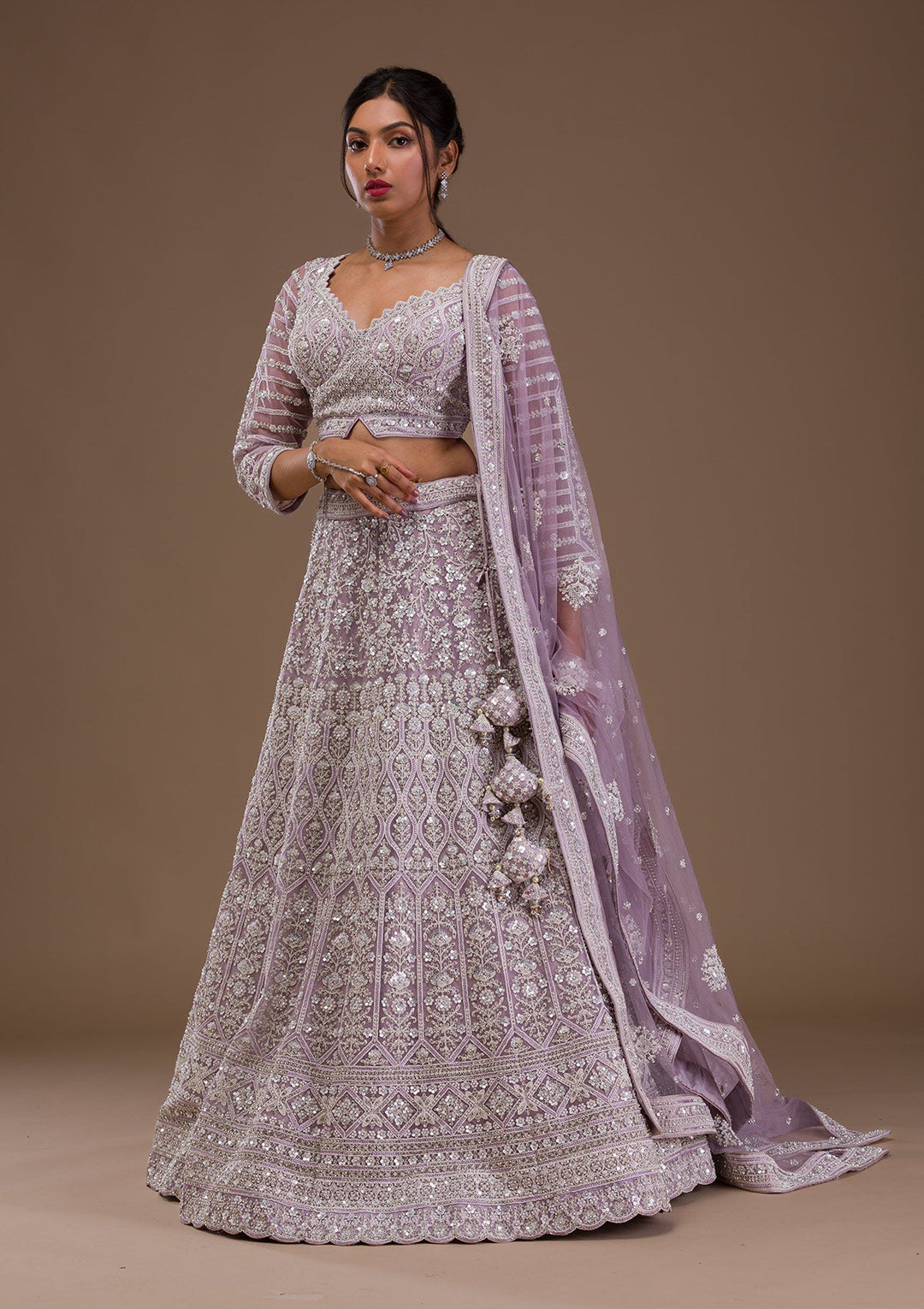 Lavender Pearlwork Net Readymade Lehenga-Koskii