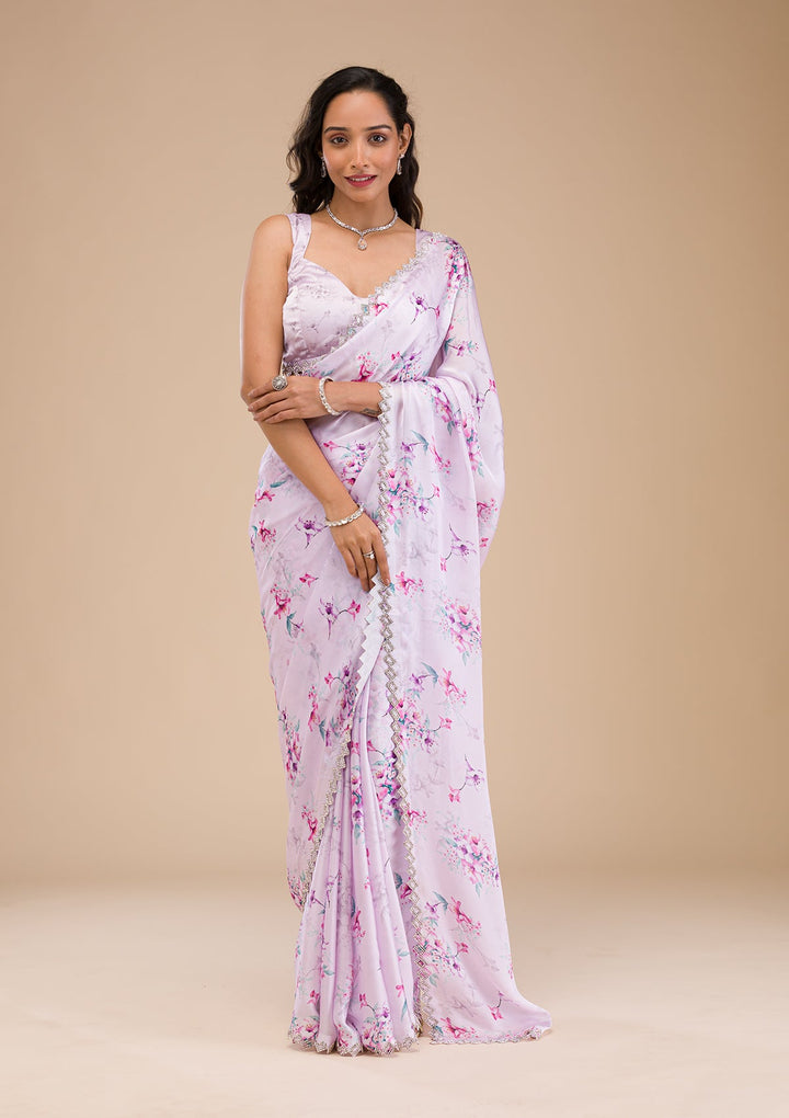 Lavender Print Satin Saree-Koskii