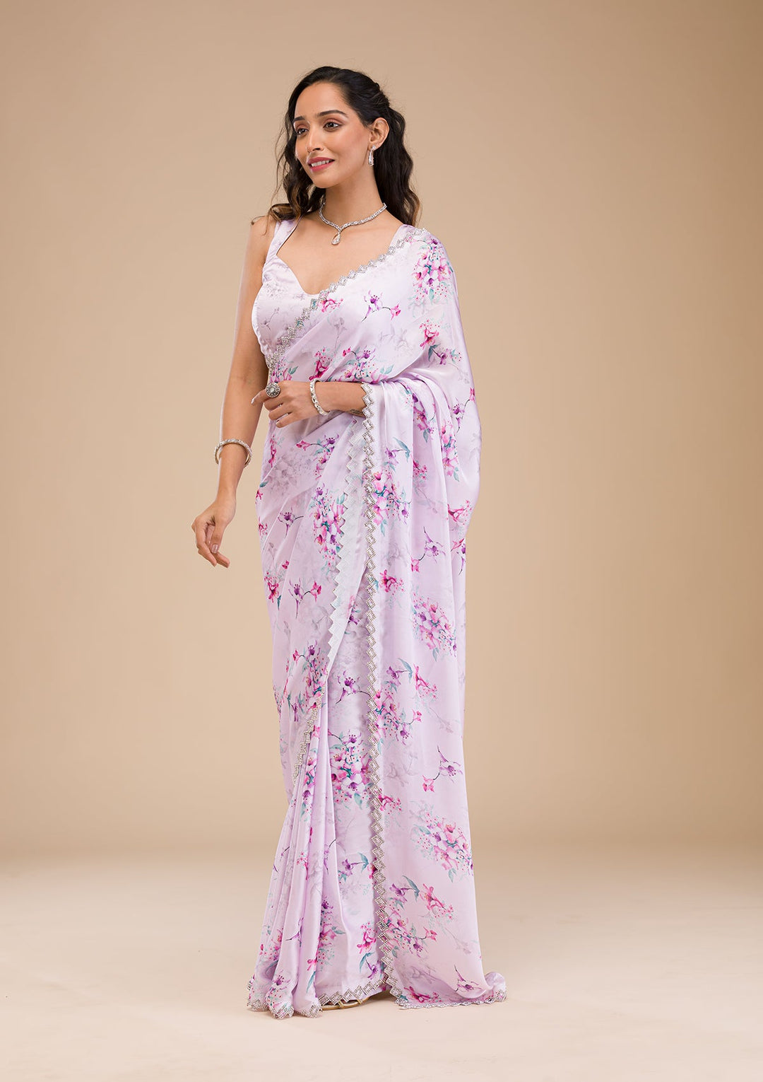 Lavender Print Satin Saree-Koskii