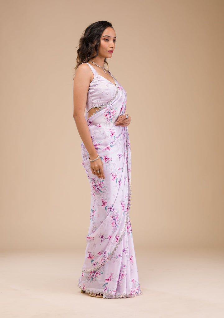Lavender Print Satin Saree-Koskii