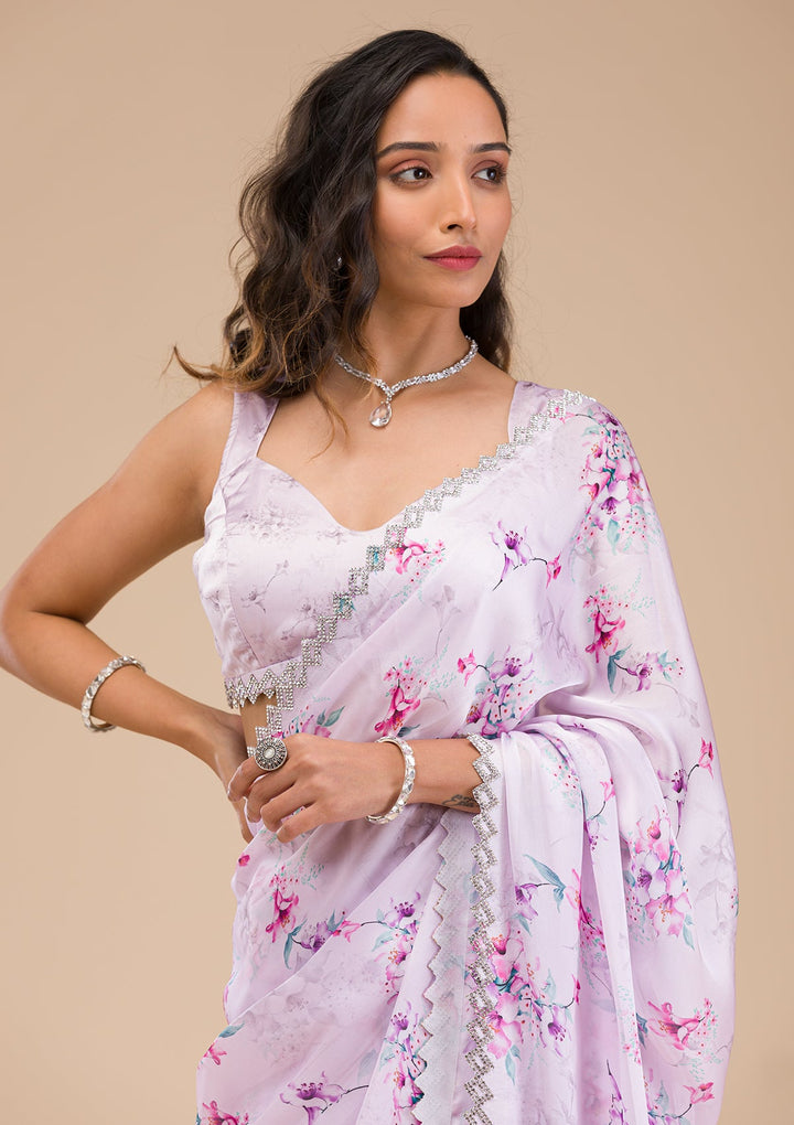 Lavender Print Satin Saree-Koskii