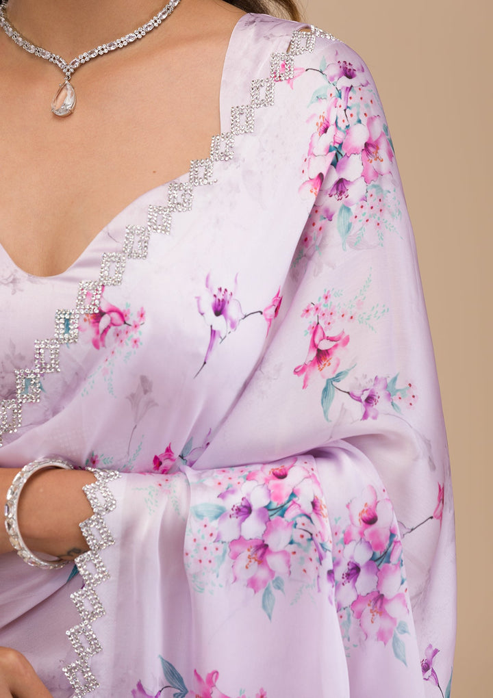 Lavender Print Satin Saree-Koskii