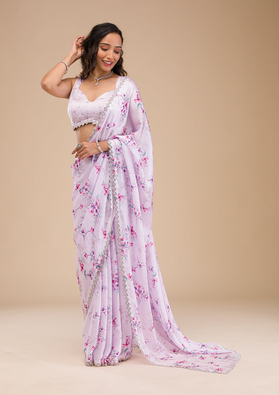 Lavender Print Satin Saree-Koskii